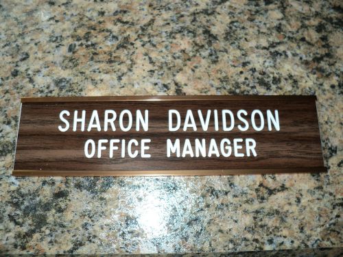 Custom engraved 2&#034; x 8&#034; walnut/white sign with gold wall holder - 2 lines
