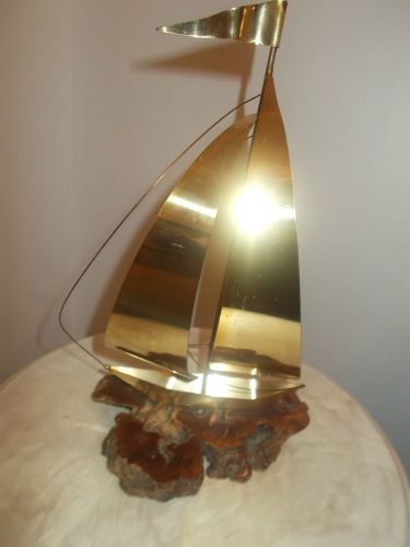 Gift Idea Brass Sailboat Sculpture on Burled Wood Base-Vintage