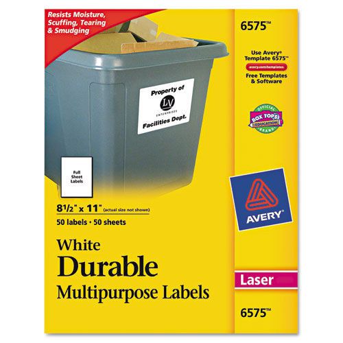 Avery Permanent White Durable I.D. Labels for Laser Printers, 8 1/2&#034;x11&#034;, 50