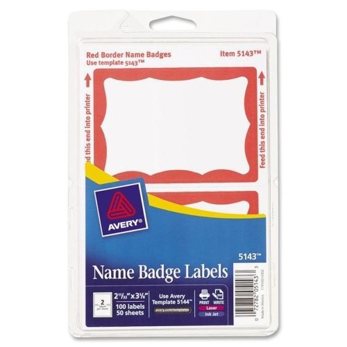 Avery Name Badge Label - 2.34&#034;Wx3.37&#034;L - 100/Pk - Laser, Inkjet - Red