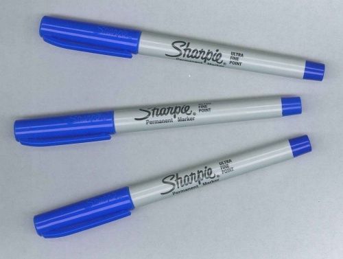 Lot of 3 Blue Sharpie Ultra Fine Point Markers - Permanent Ink