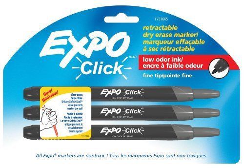 SANFORD 1751665 Click Dry Erase Markers, Fine Tip, Black, 3 Per Pack