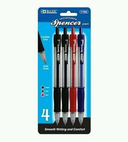 BAZIC Spencer Asst. Color Retractable Pen with Cushion Grip 4-Pack
