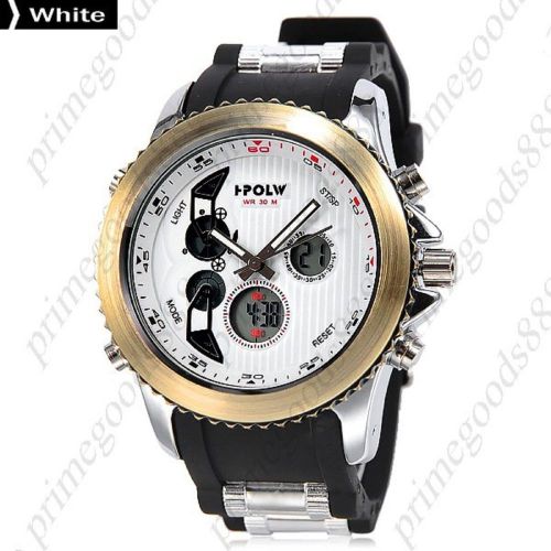 Two Time Zone Zones Silicone Date Digital Analog Men&#039;s Wristwatch Gold White