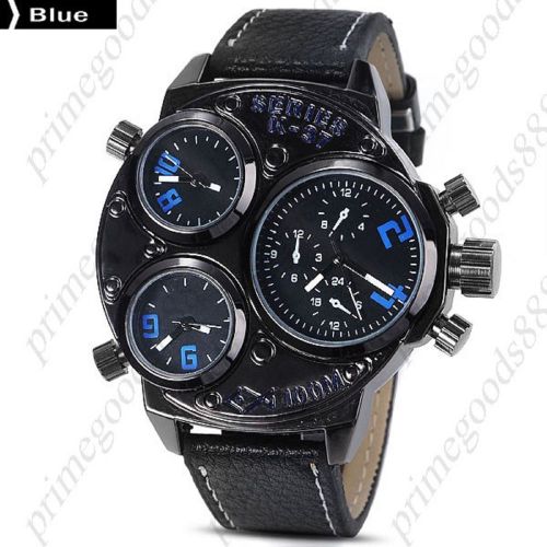 Hot Series PUNK 3 Time Zones Wristwatch Quartz Analog Men&#039;s Dark Case Blue