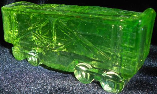 Green Vaseline glass train coal car uranium yellow canary railroad RR art boxcar