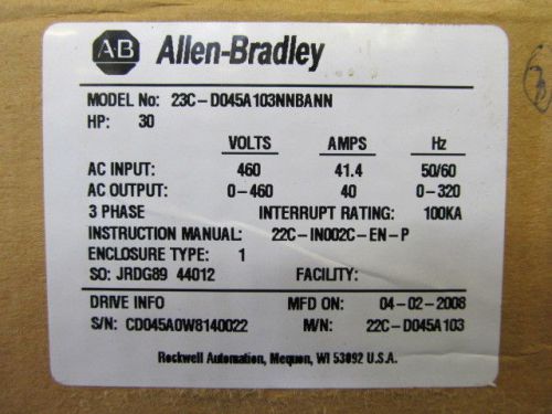 Allen-bradley 22c-d045a103 30hp 460v 3ph powerflex 400 model 23c-d045a-103nnbann for sale