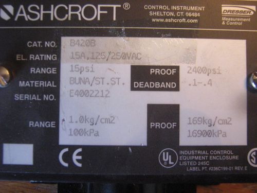 Ashcroft b240b pressure switch  15a 125/250vac range 15 psi proof 2400 psi for sale