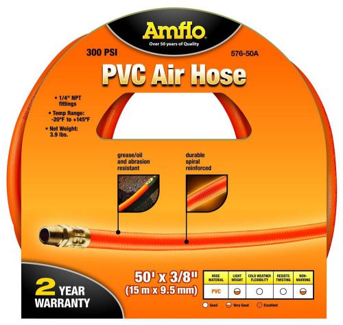 Amflo 576-50A  PVC Air Hose 3/8&#034; x 50&#039; Hose, 1/4&#034; NPT Fittings, Orange Glow