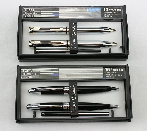 2 Pierre Cardin 15 Piece Ballpoint Pen, Mechanical Pencil, Mini Pen Set +Refills