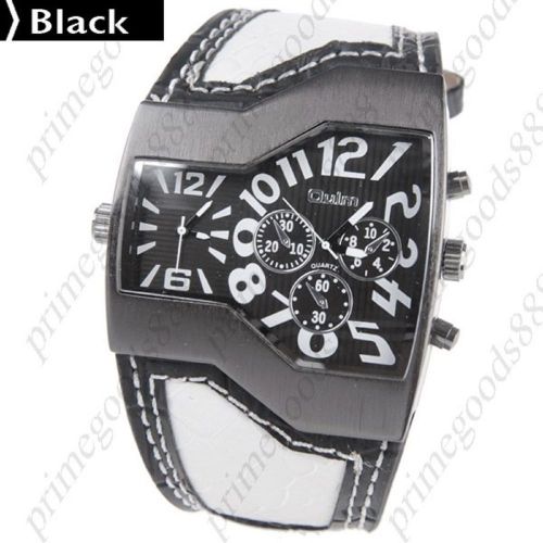 Dual Time Display Quartz Wrist Synthetic Leather Band Men&#039;s Free Shipping Black