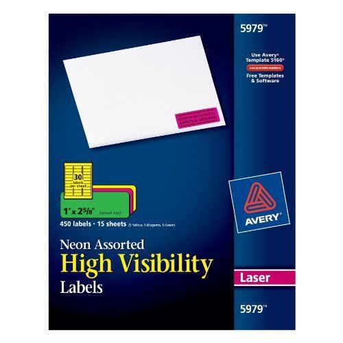 Avery Neon Laser Labels, Rectangle, Assorted Fluorescent Colors, 1&#034; x 2-5/8&#034;, 45
