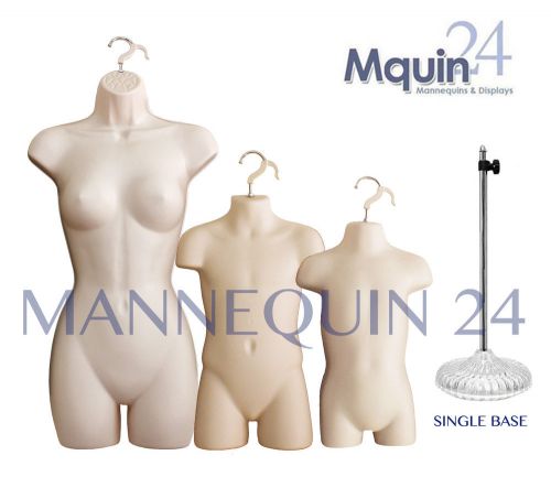 A SET of FEMALE, CHILD &amp; TODDLER MANNEQUINS in FLESH + 1 STAND  DRESS BODY FORMS