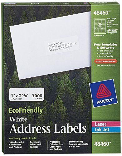 Avery White EcoFriendly Address Labels, 1 x 2.625 Inches, Box of 3000 (48460)