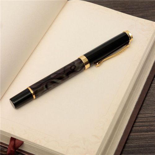 New JINHAO 500 Marbled Black Gold Medium Nib Fountain Pen Golden Clip Trim