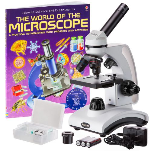 Amscope 40x-1000x glass lens all-metal 2-light student microscope + slides, book for sale