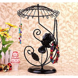 Black metal rose umbrella necklace jewelry display stand holder 13x8&#034; dt for sale