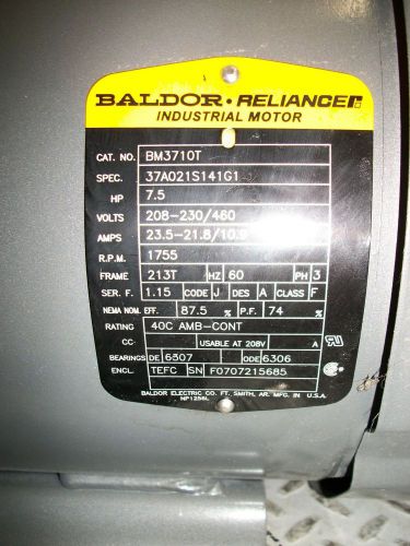 Baldor 7.5 hp bm3710t 213t frame brake motor (mot3121) for sale