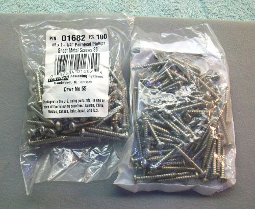 2 packs of 100 stainless sheet metal screws- #8 x 1-1/4&#034;  pan head phillips for sale