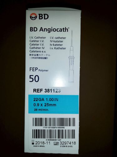 BD Angiocath, 22GA 1 in 0.9 X 25mm, 28ml/min, Lot Of 50 Full Case, FREE SHIPPING