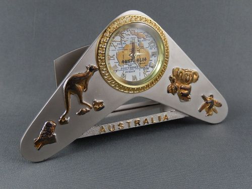 BUSINESS CARD HOLDER WATCH AUSTRALIA CLOCK PEWTER &amp; GOLD TONE KANGAROO KOALA NIB