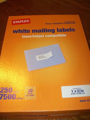 Staples White Mailing Labels 1 x 2 5/8&#034; Item 479884 218 sheets/6540 labels