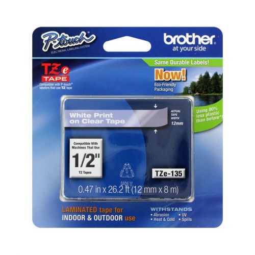 Brother P-Touch Laminated Labeling Tape, 1/2&#034;, White on Clear, 6/Pack (TZe-135)