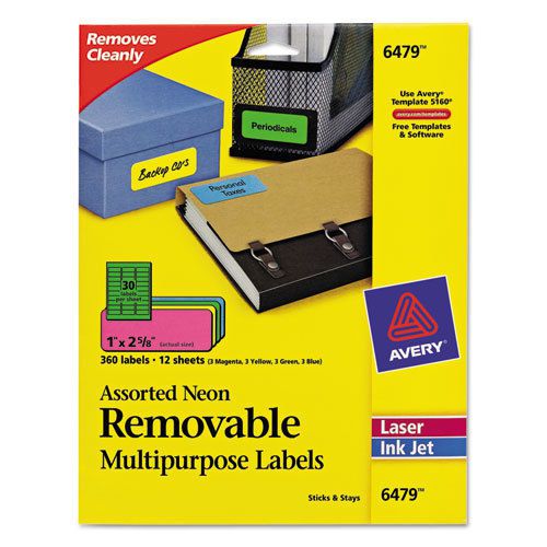 Removable Self-Adhesive Multipurpose Labels, 1 x 2-5/8, Assorted Neon, 360/Pack