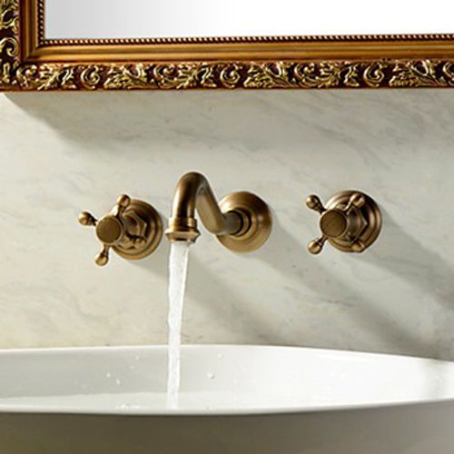 Modern Classic Wall Mount Widespread Sink Faucet Antique Brass Tap Free Shipping