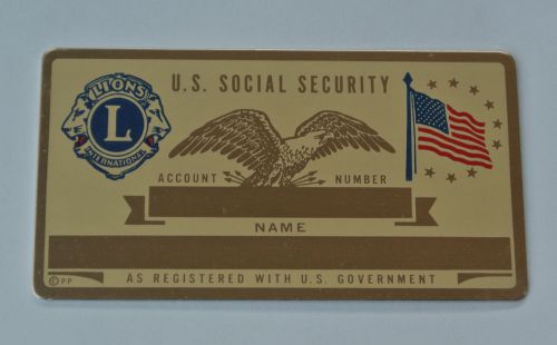 Vintage Social Security Card Metal Lyons Club International &amp; U.S. Flag Card