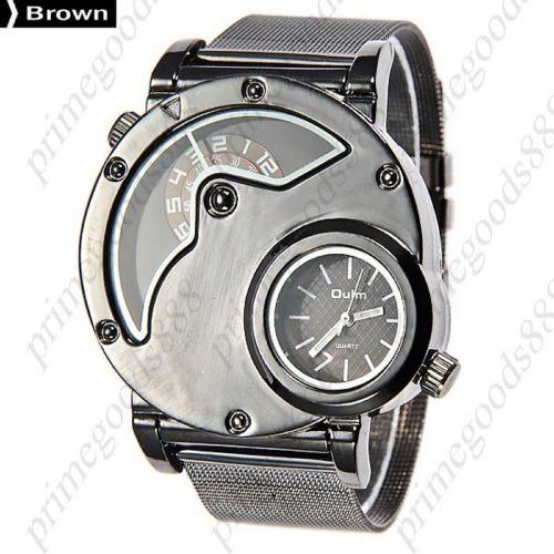 2 time zone zones stainless steel band analog quartz men&#039;s wristwatch brown for sale