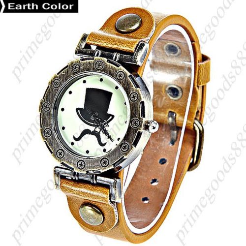 Mustache Top Hat Round Case Quartz Lady Ladies Wristwatch Women&#039;s Earth Color