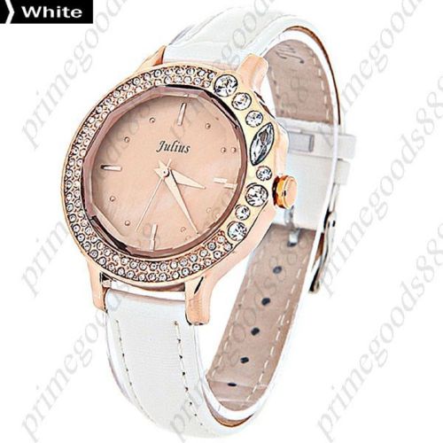 Round Rhinestones Genuine Leather Lady Ladies Quartz Wristwatch Women&#039;s White