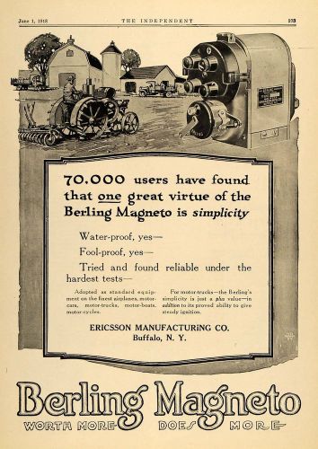 1918 Ad Berling Magneto Engine Ericsson Farm Tractor - ORIGINAL ADVERTISING TIN3