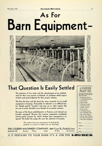 1931 Ad Louden Machinery Barn Farm Livestock Cattle Agriculture Equipment COL2