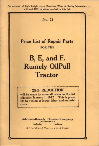 Price List of Repair Parts for the B, E, F Rumely OilPull Tractor