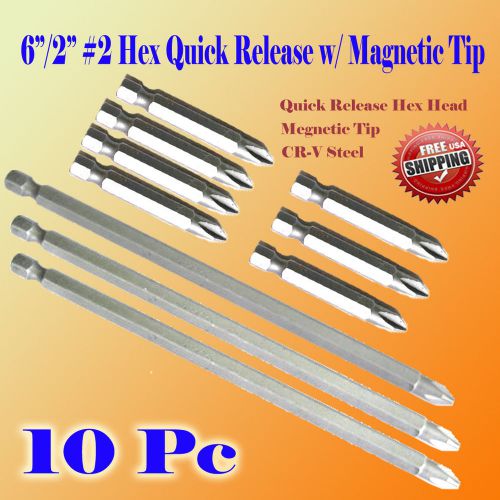 Pack 10 6&#034;/2&#034; phillips #2 screw driver bit quick release hex shank magnetic tip for sale