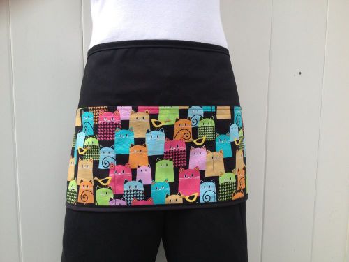 Black 3 pocket waitress waist apron multi color cats  bars, resturants cafe  USA