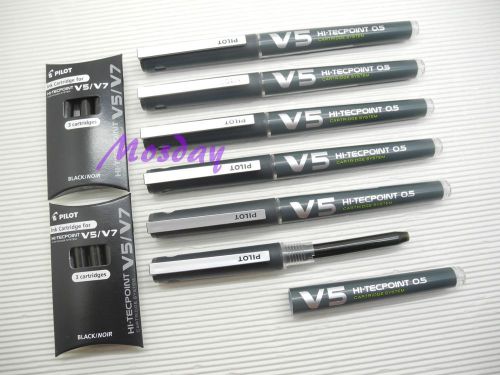 6pcs Pilot Hi-Tecpoint V5 Cartridge System RollerBall Pen+Refill 6+6, BLACK