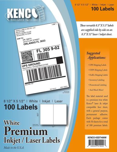 100 Labels! Kenco 8.5&#034; X 5.5&#034; two per sheet premium white laser/ inkjet label...