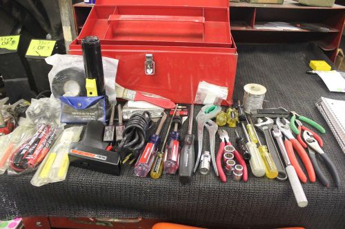 (+/-)39 PC TOOLS WITH TOOL BOX MILITARY SURPLUS TOOLS MULTIPLE NAME BRAND  #1480