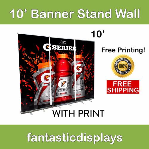 Retractable roll up banner stand wall 10&#039; trade show display + free vinyl print for sale