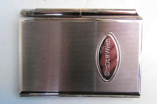 Never used silver plated engraved hinged cardholder w/ notepad &amp; ballpoint pen for sale