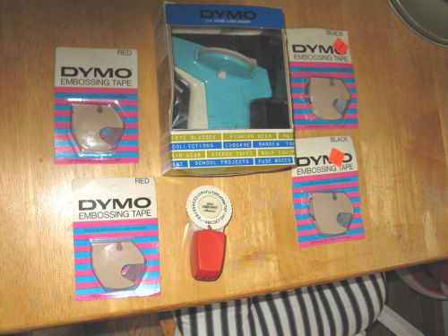 V DYMO BlueHome Label Maker original box+4 tapes,red+black,+Dennison label maker