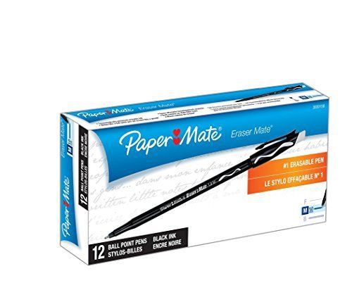 Papermate Eraser Mate Ballpoint Stick Erasable Pen, Black Ink, Medium Point, DZ