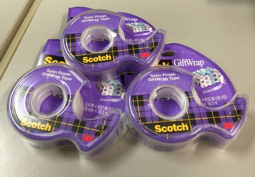 Three Packages of Scotch 3M Satin Finish Gift Wrap Tape, 3/4&#034; x 650&#034;, Brand New