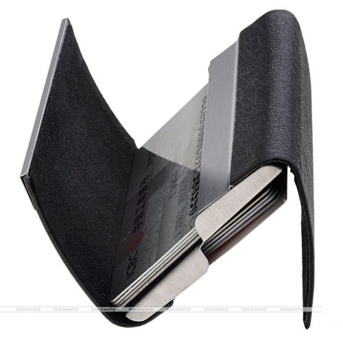 Two Side Open PU Leather Stainless Steel Name Business Card Case Holder Black