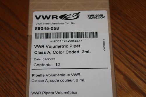 VWR Volmetric Pipet Class A Color coded 2 ml, New 12 pack