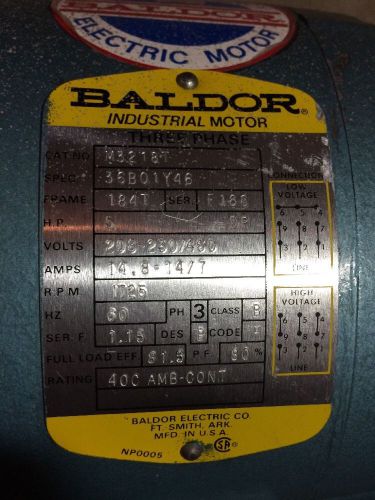 Used 5hp baldor 1725rpm 184t 208-230/460v 3ph electric industrial motor m3218t for sale