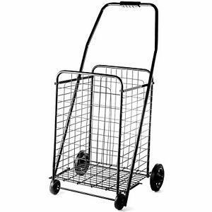 Portable Folding Shopping Cart with Wheels Deluxe Utility Cart, Black